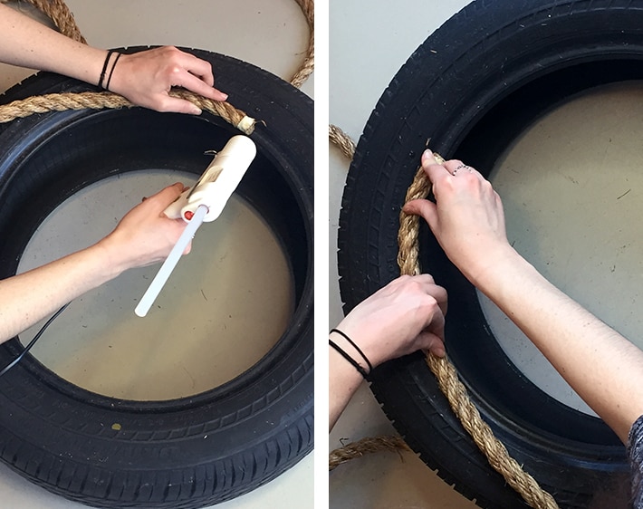 Gluing rope around the lip of a tire to turn it into an ottoman