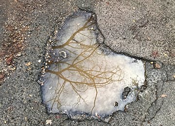 Water-filled pothole in asphalt road