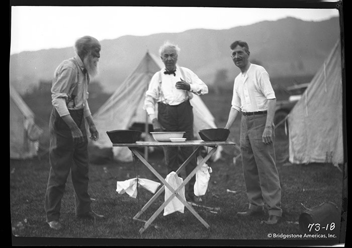 John Burroughs, Thomas Edison and Harvey S. Firestone during a 1918 camping trip in West Virginia.