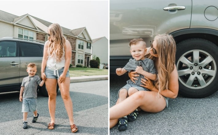 Mom and son in front of a car