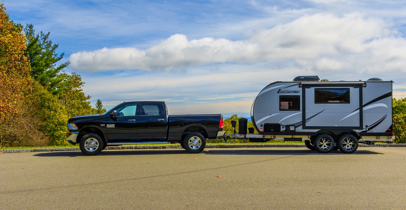 image of pickup truck pulling a travel trailer